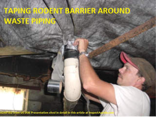 Taping waste pipe penetration through rodent barrier made of house wrap - adapted from US DOE cited here, at Inspectapedia.com